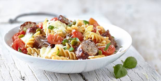 Easy peasy sausage, tomato and mozzarella pasta