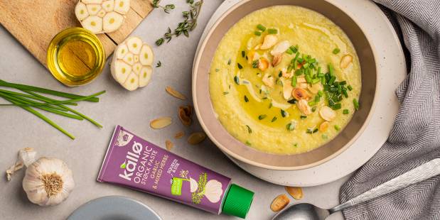 Potato and Leek Soup with Roasted Garlic and Almonds