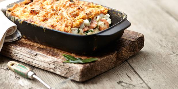 Haddock and prawn fish pie with sweet potato mash
