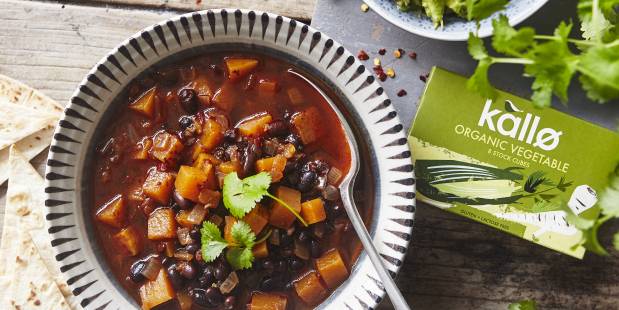 Chipotle butternut squash and black bean chunky soup with guacamole and homemade tortilla chips