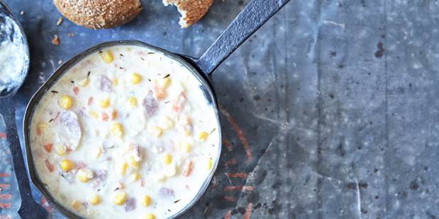 Smoked bacon, potato and sweetcorn chowder